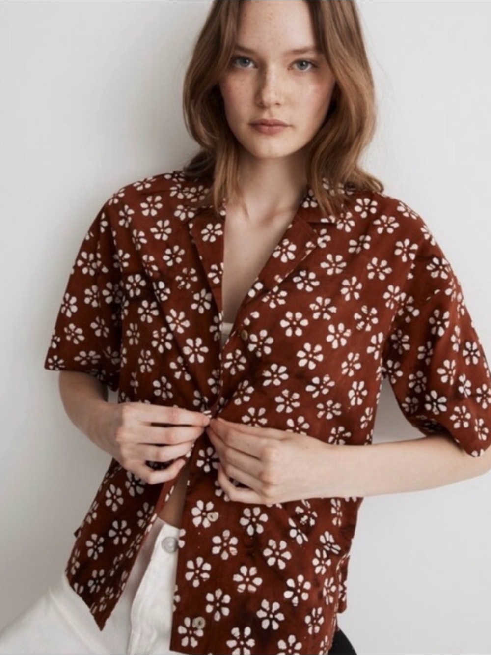 Madwell Floral Button-Up Short Sleeve Top - Brown - Picture 2 of 7
